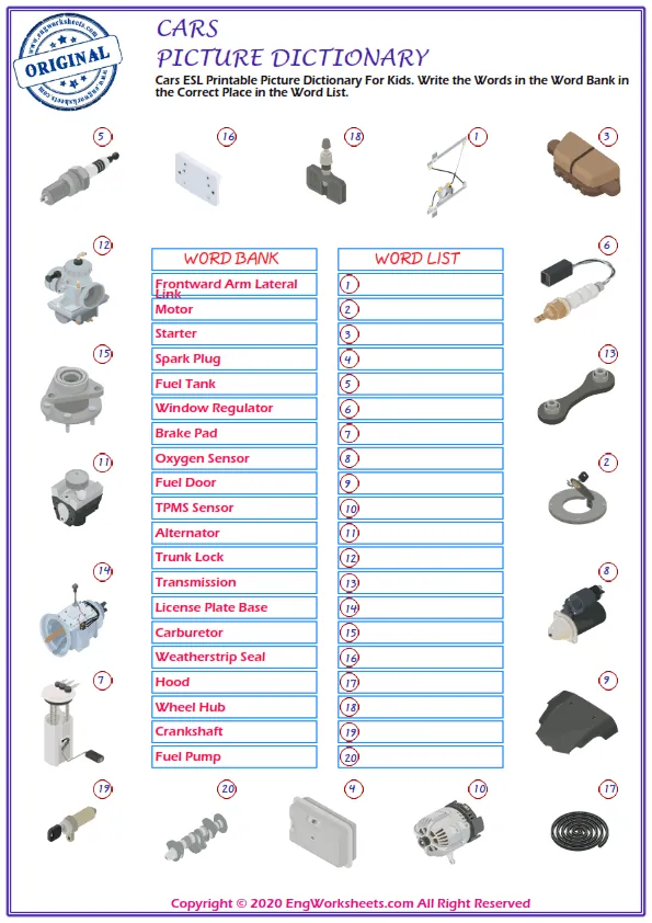 Cars ESL Printable Picture Dictionary For Kids. Write the Words in the Word Bank in the Correct Place in the Word List. Worksheet Preview