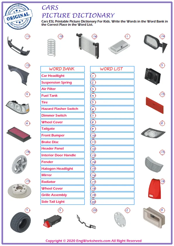 Cars ESL Printable Picture Dictionary For Kids. Write the Words in the Word Bank in the Correct Place in the Word List.