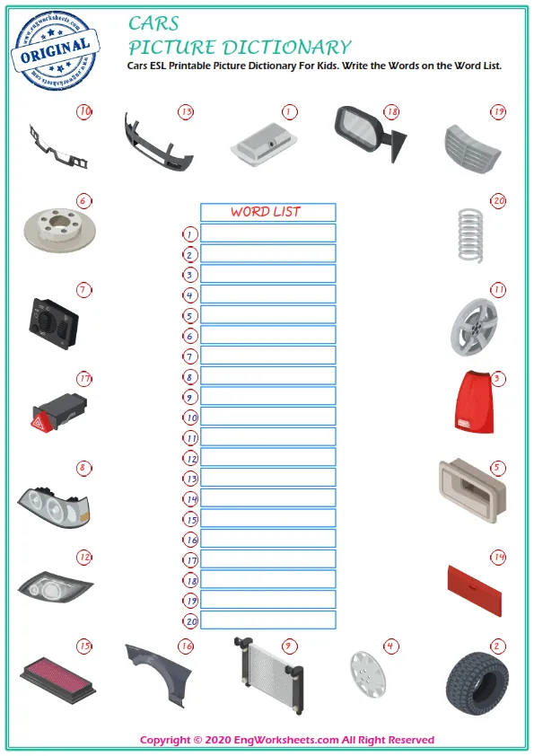 Cars ESL Printable Picture Dictionary For Kids. Write the Words on the Word List.