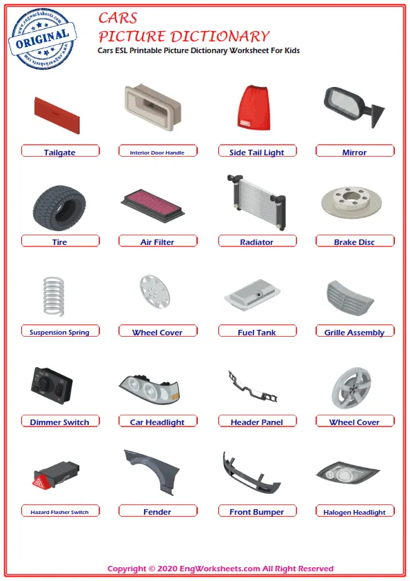 Cars ESL Printable Picture Dictionary Worksheet For Kids