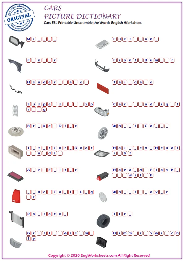 Cars ESL Printable Unscramble the Words English Worksheet.