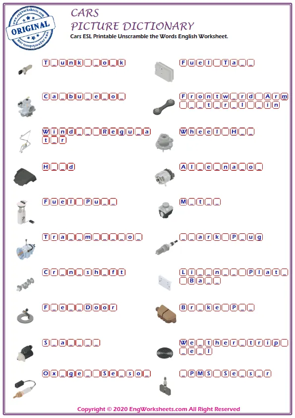 Cars ESL Printable Unscramble the Words English Worksheet. Worksheet Preview