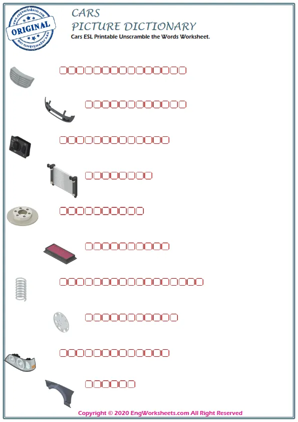 Cars ESL Printable Unscramble the Words Worksheet.
