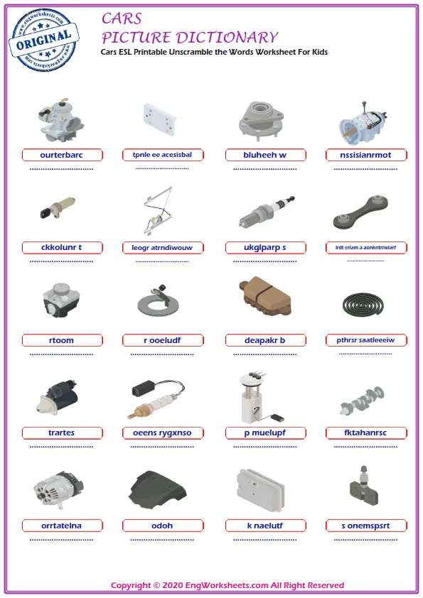 Cars ESL Printable Unscramble the Words Worksheet For Kids Worksheet Preview