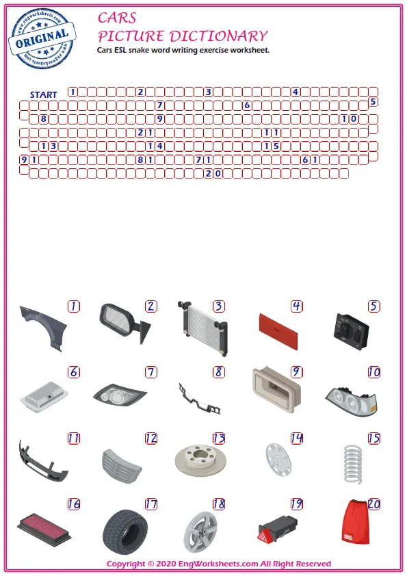 Cars ESL snake word writing exercise worksheet.