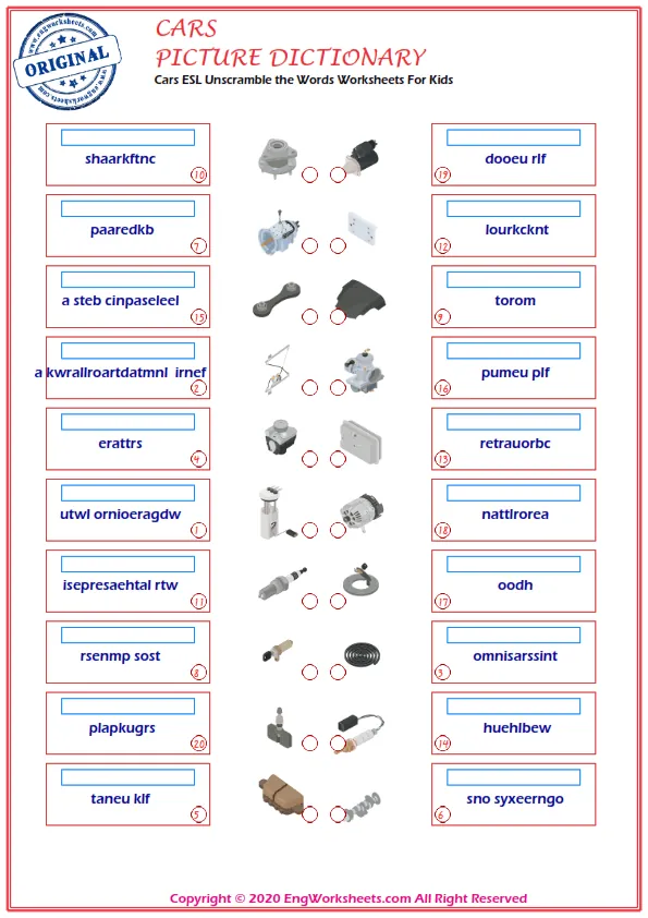 Cars ESL Unscramble the Words Worksheets For Kids Worksheet Preview