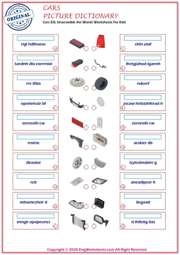 Cars ESL Unscramble the Words Worksheets For Kids
