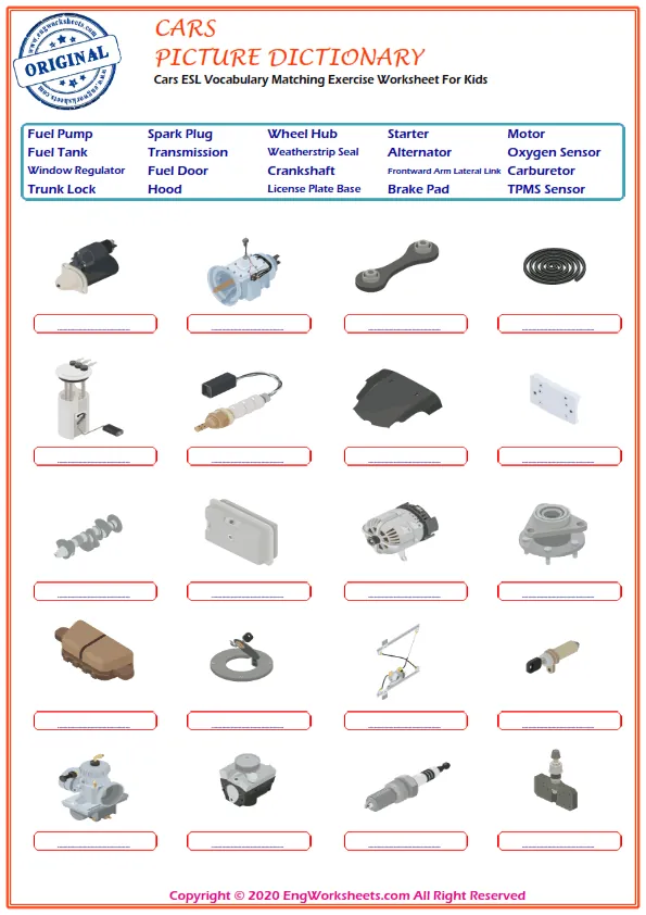 Cars ESL Vocabulary Matching Exercise Worksheet For Kids Worksheet Preview