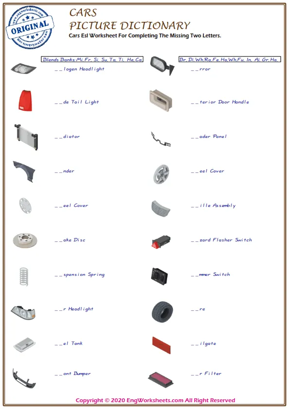 Cars Esl Worksheet For Completing The Missing Two Letters.