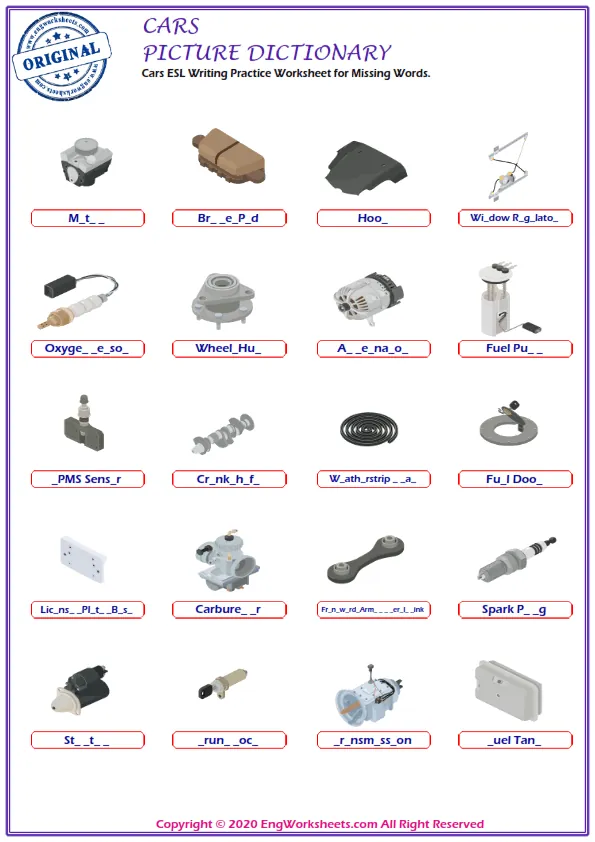 Cars ESL Writing Practice Worksheet for Missing Words. Worksheet Preview