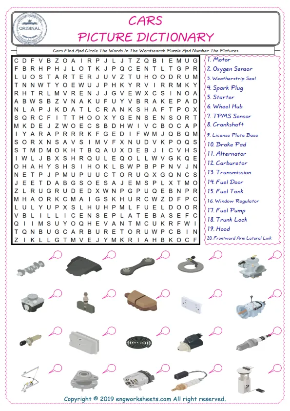 ESL wordsearch worksheets for kids, find Cars words in the word wordsearch write its number on its picture English worksheet. Worksheet Preview
