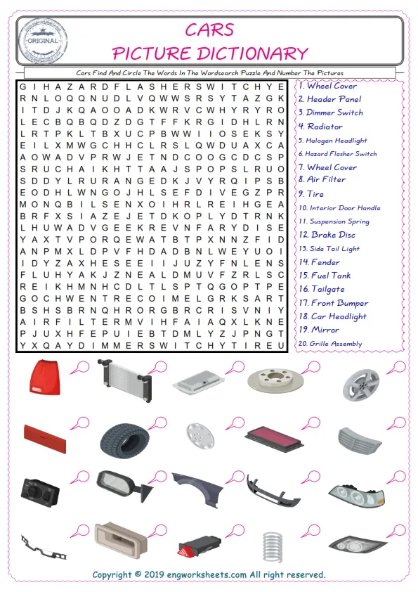 ESL wordsearch worksheets for kids, find Cars words in the word wordsearch write its number on its picture English worksheet. Worksheet Preview