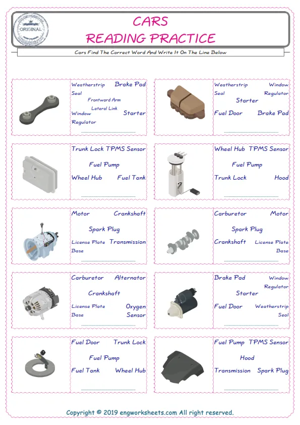 Check the picture of the Cars for kids ESL worksheet for supplying the correct one among five words into the blank place. Worksheet Preview