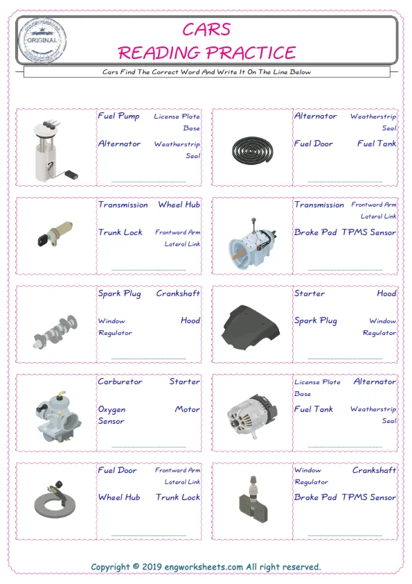 Check the picture of the Cars for kids ESL worksheet for supplying the correct one among three words into the blank place. Worksheet Preview