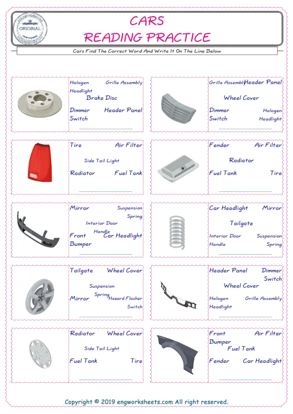 Check the picture of the Cars for kids ESL worksheet for supplying the correct one among five words into the blank place. Worksheet Preview