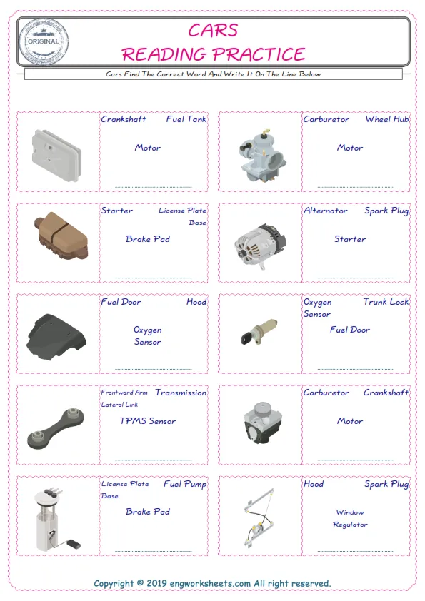 Check the picture of the Cars for kids ESL worksheet for supplying the correct one among four words into the blank place. Worksheet Preview
