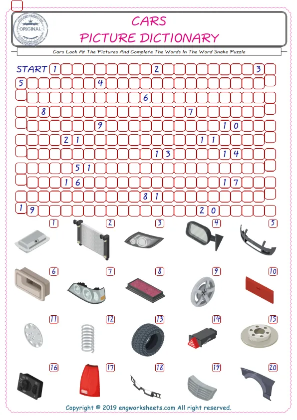 Check the Illustrations of Cars english worksheets for kids, and Supply the Missing Words in the Word Snake Puzzle ESL play. Worksheet Preview