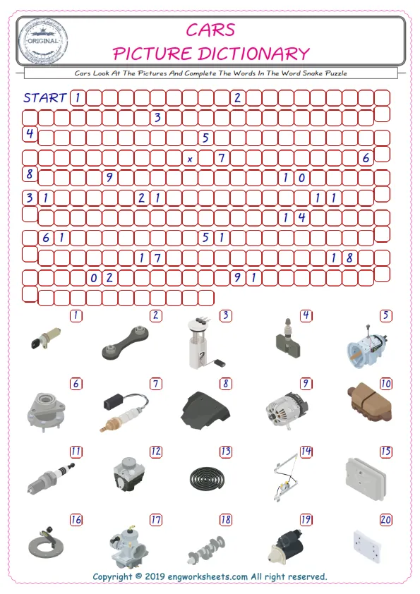 Check the Illustrations of Cars english worksheets for kids, and Supply the Missing Words in the Word Snake Puzzle ESL play.