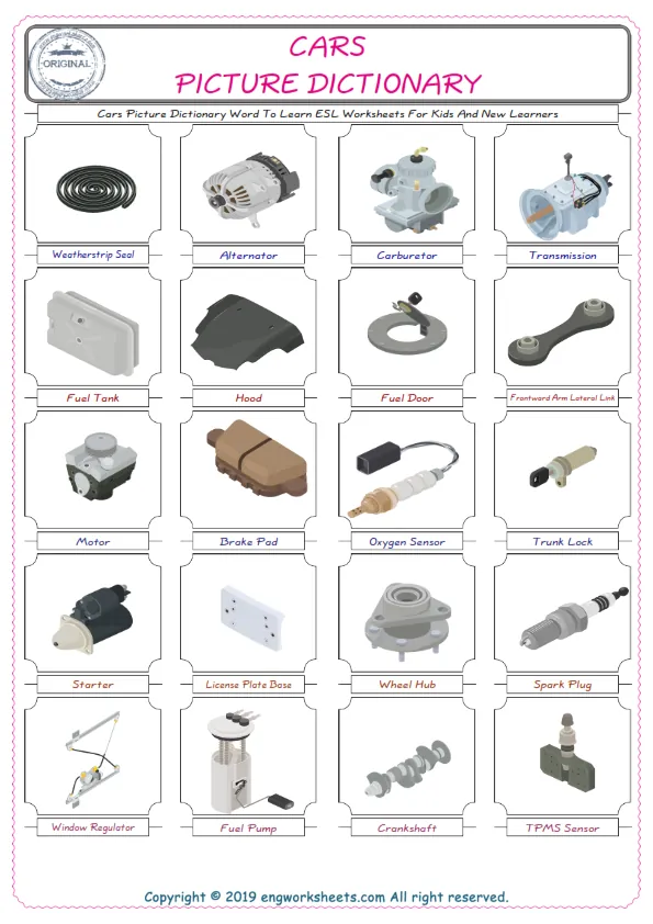 Cars English Worksheet for Kids ESL Printable Picture Dictionary Worksheet Preview