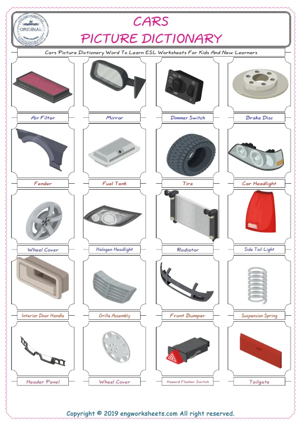 Cars English Worksheet for Kids ESL Printable Picture Dictionary Worksheet Preview