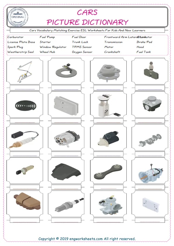 Cars for Kids ESL Word Matching English Exercise Worksheet. Worksheet Preview