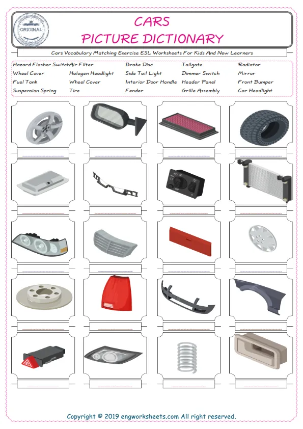 Cars for Kids ESL Word Matching English Exercise Worksheet. Worksheet Preview