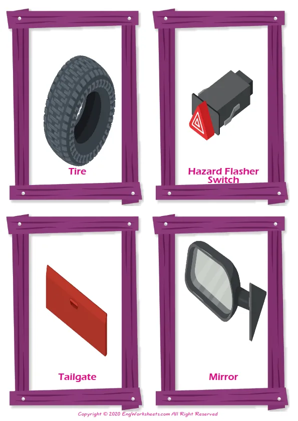 Cars vocabulary worksheet with words, four images per page