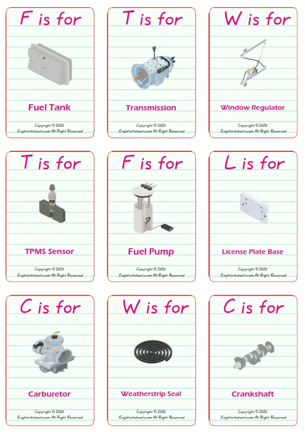 Cars vocabulary worksheet with words, nine images per page Worksheet Preview
