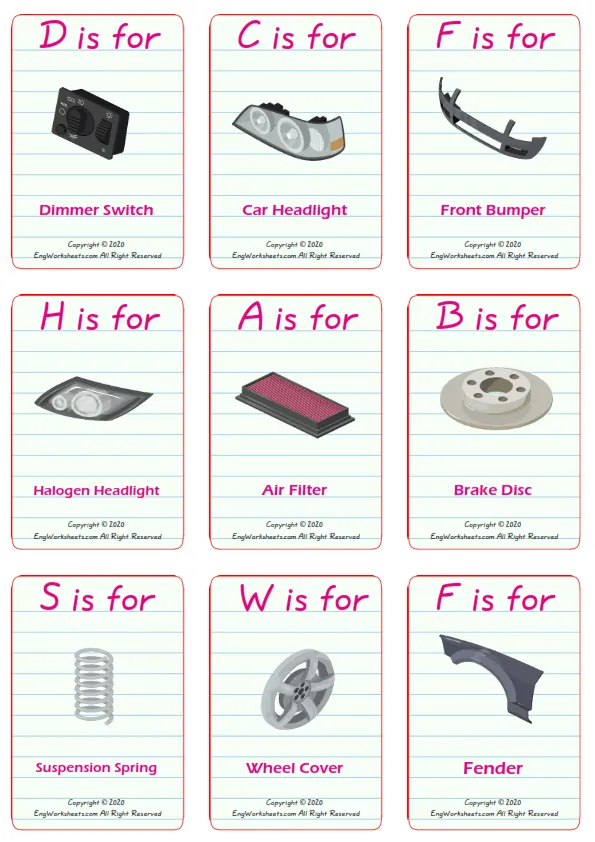 Cars vocabulary worksheet with words, nine images per page