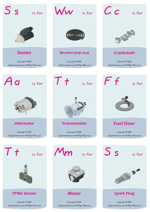 Cars vocabulary worksheet with words, nine images per page Worksheet Preview