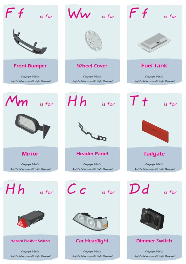 Cars vocabulary worksheet with words, nine images per page