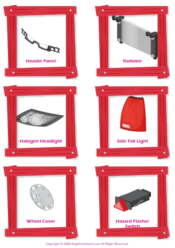 Cars vocabulary worksheet with words, six images per page