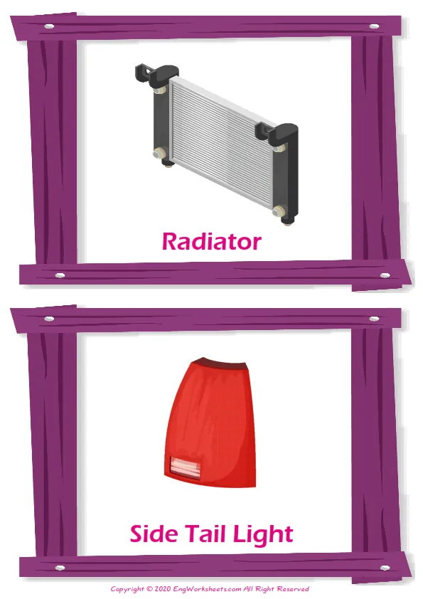 Cars vocabulary worksheet with words, two images per page