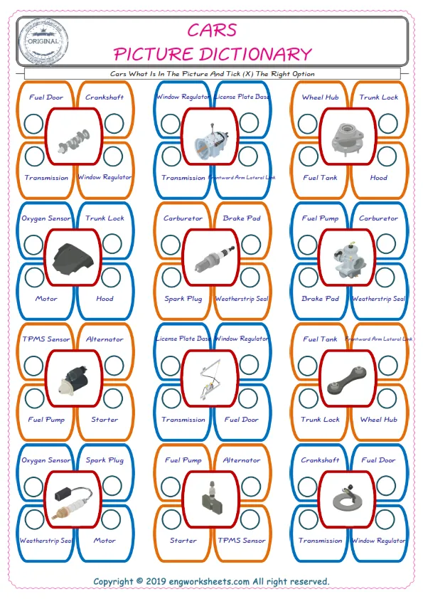 check the picture, mark the correct option amongst the given Cars words English worksheet for kids Worksheet Preview