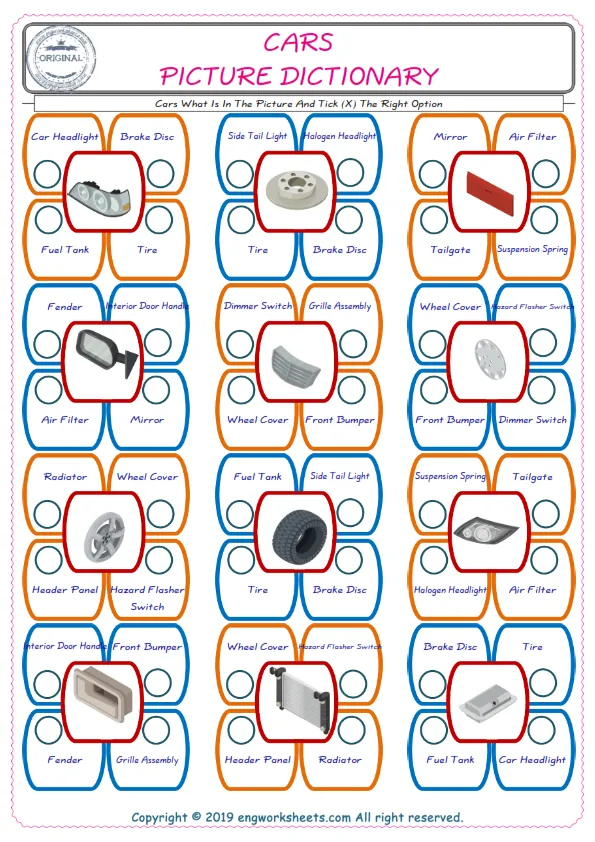 check the picture, mark the correct option amongst the given Cars words English worksheet for kids Worksheet Preview