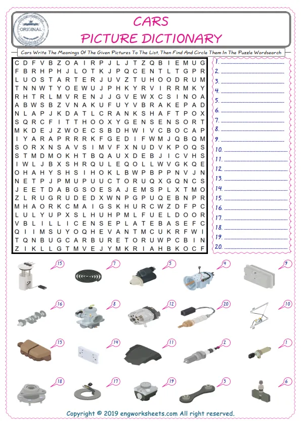 For kids, check the picture of Cars find, and write the word and find it in the word puzzle ESL printable worksheet. Worksheet Preview