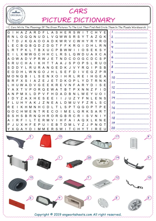 For kids, check the picture of Cars find, and write the word and find it in the word puzzle ESL printable worksheet. Worksheet Preview