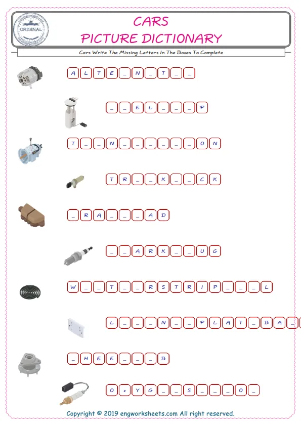 Type in the blank and learn the missing letters in the Cars words given for kids English worksheet. Worksheet Preview