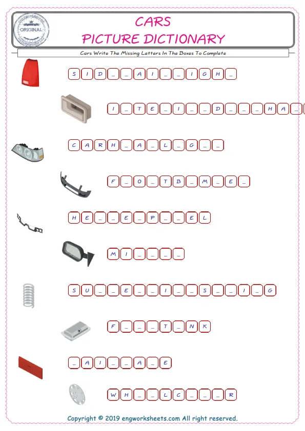 Type in the blank and learn the missing letters in the Cars words given for kids English worksheet. Worksheet Preview