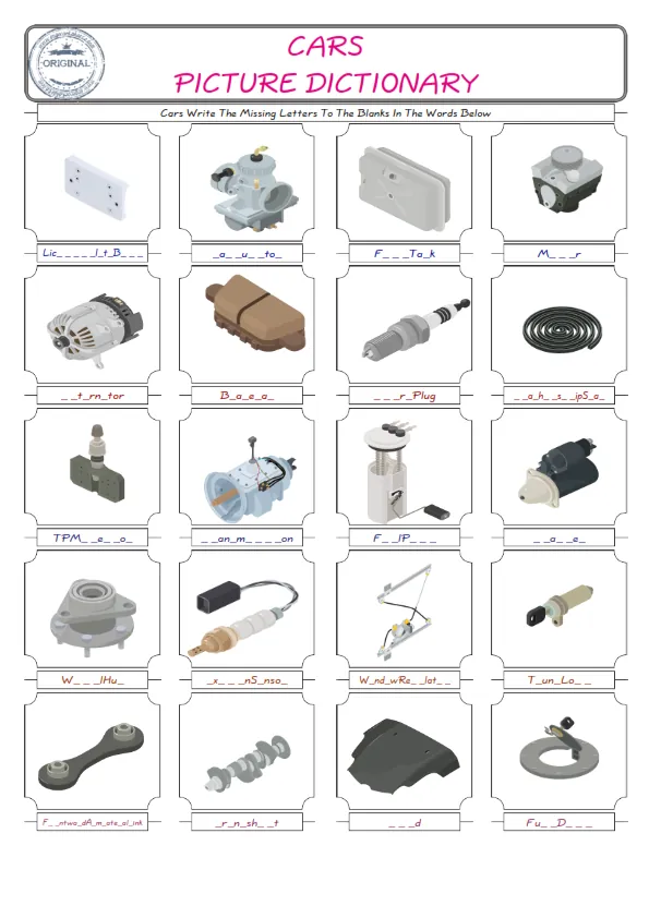 Cars Words English worksheets For kids, the ESL Worksheet for finding and typing the missing letters of Cars Words Worksheet Preview