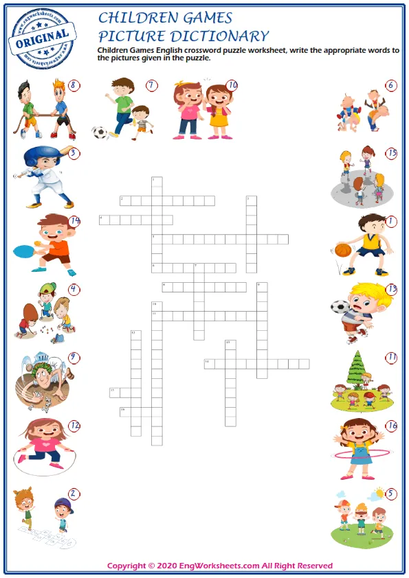 Children Games English crossword puzzle worksheet, write the appropriate words to the pictures given in the puzzle. Worksheet Preview