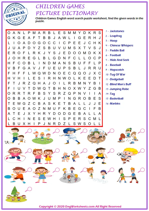 Children Games English word search puzzle worksheet, find the given words in the puzzle. Worksheet Preview