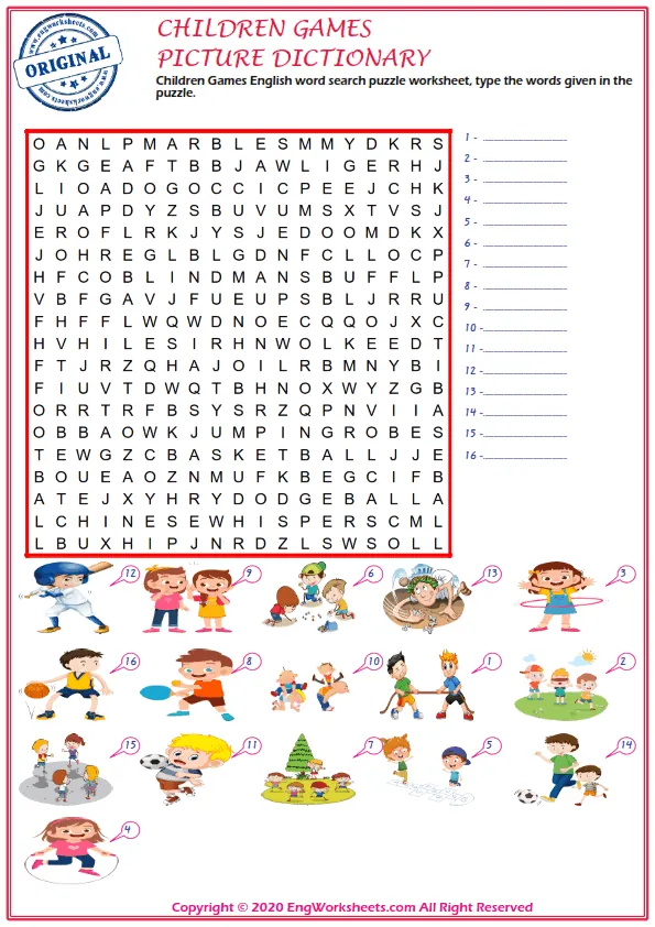 Children Games English word search puzzle worksheet, type the words given in the puzzle. Worksheet Preview