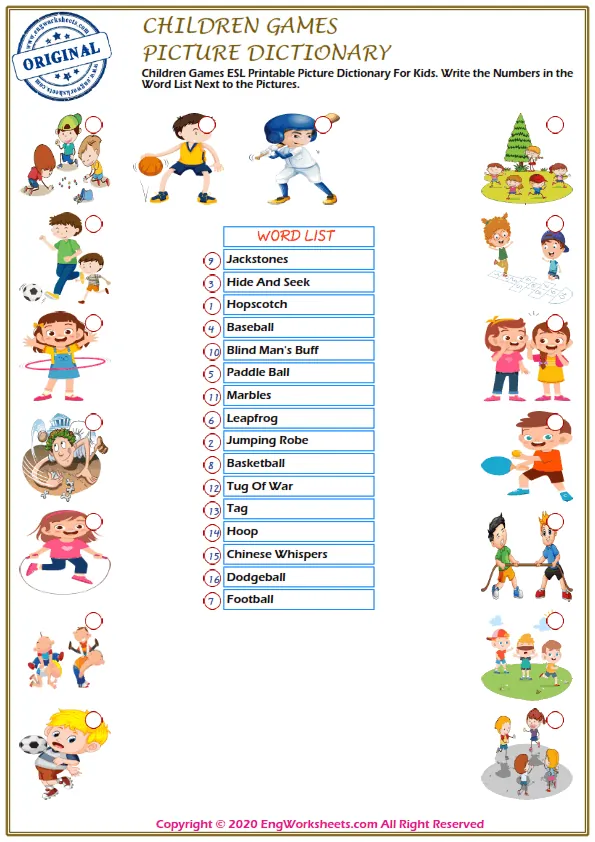 Children Games ESL Printable Picture Dictionary For Kids. Write the Numbers in the Word List Next to the Pictures. Worksheet Preview