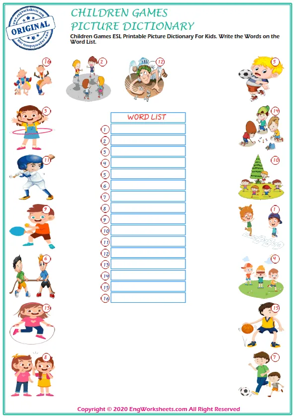Children Games ESL Printable Picture Dictionary For Kids. Write the Words on the Word List. Worksheet Preview