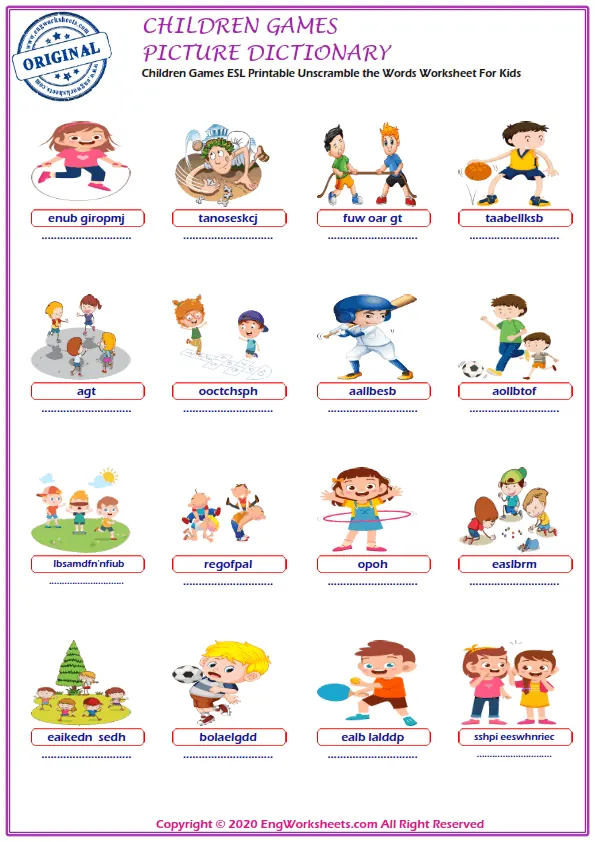 Children Games ESL Printable Unscramble the Words Worksheet For Kids Worksheet Preview