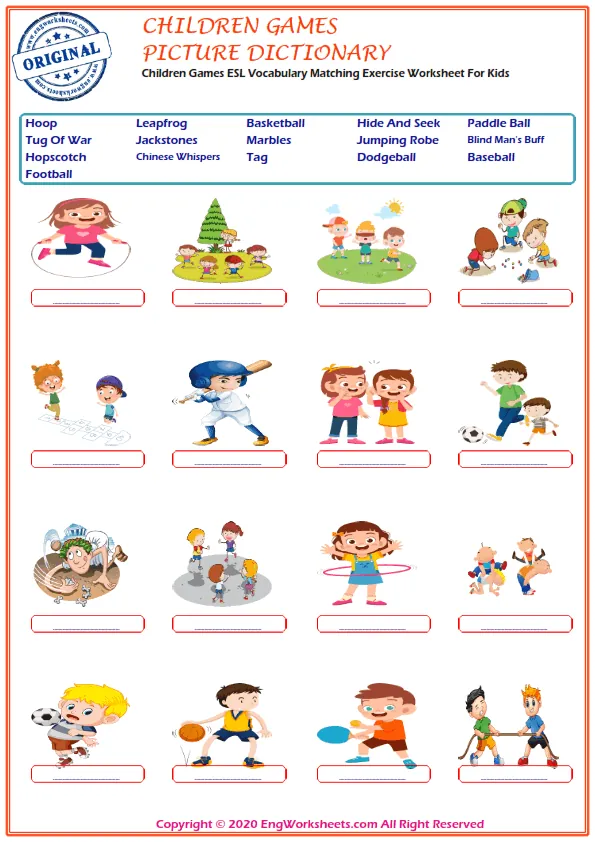 Children Games ESL Vocabulary Matching Exercise Worksheet For Kids Worksheet Preview