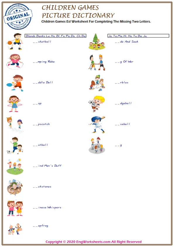 Children Games Esl Worksheet For Completing The Missing Two Letters. Worksheet Preview