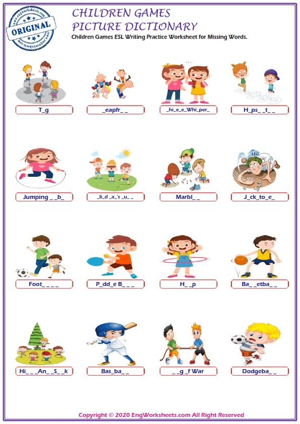 Children Games ESL Writing Practice Worksheet for Missing Words. Worksheet Preview