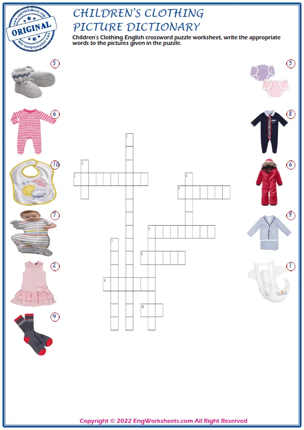 Children's Clothing English crossword puzzle worksheet, write the appropriate words to the pictures given in the puzzle. Worksheet Preview